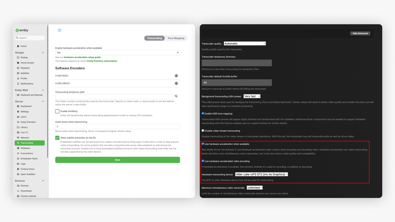 Hardware Transcoding Settings in Emby and Plex