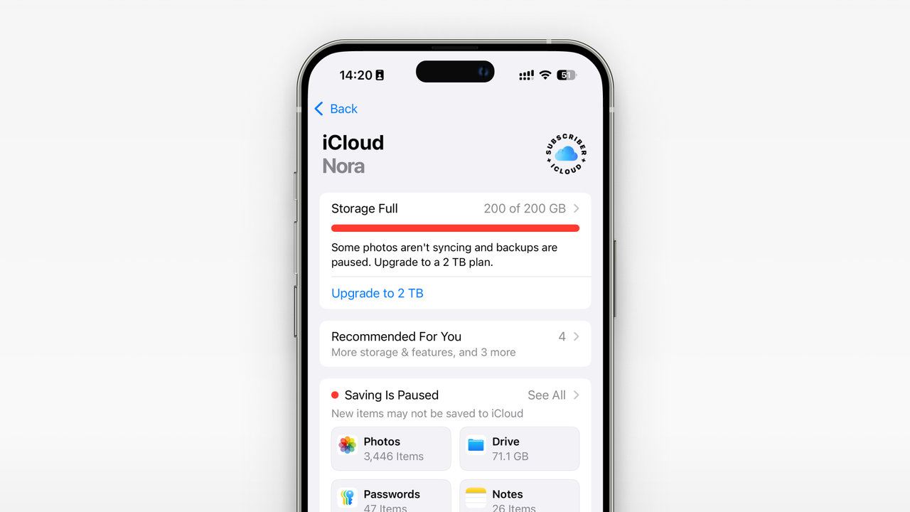 iCloud storage full notification screen. An iPhone screen displays an iCloud storage full notification. The 200GB storage limit has been reached, and some photo backups cannot be synced. An upgrade to a 2TB plan is recommended.