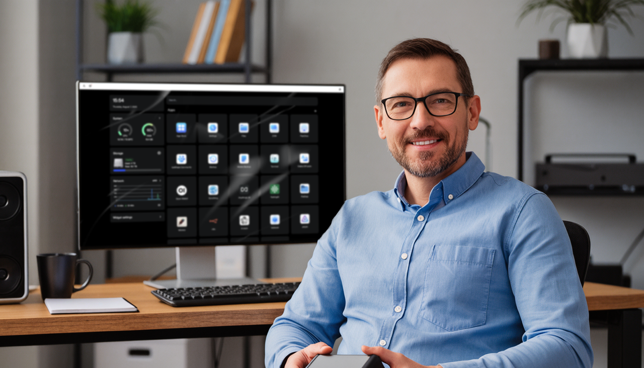 Man and ZimaOS interface at work. A man in a blue shirt sits at his desk, smiling at the camera. On the desk are a laptop, keyboard, and coffee cup. The ZimaOS interface is displayed on the screen. Bookshelves and plants are in the background.
