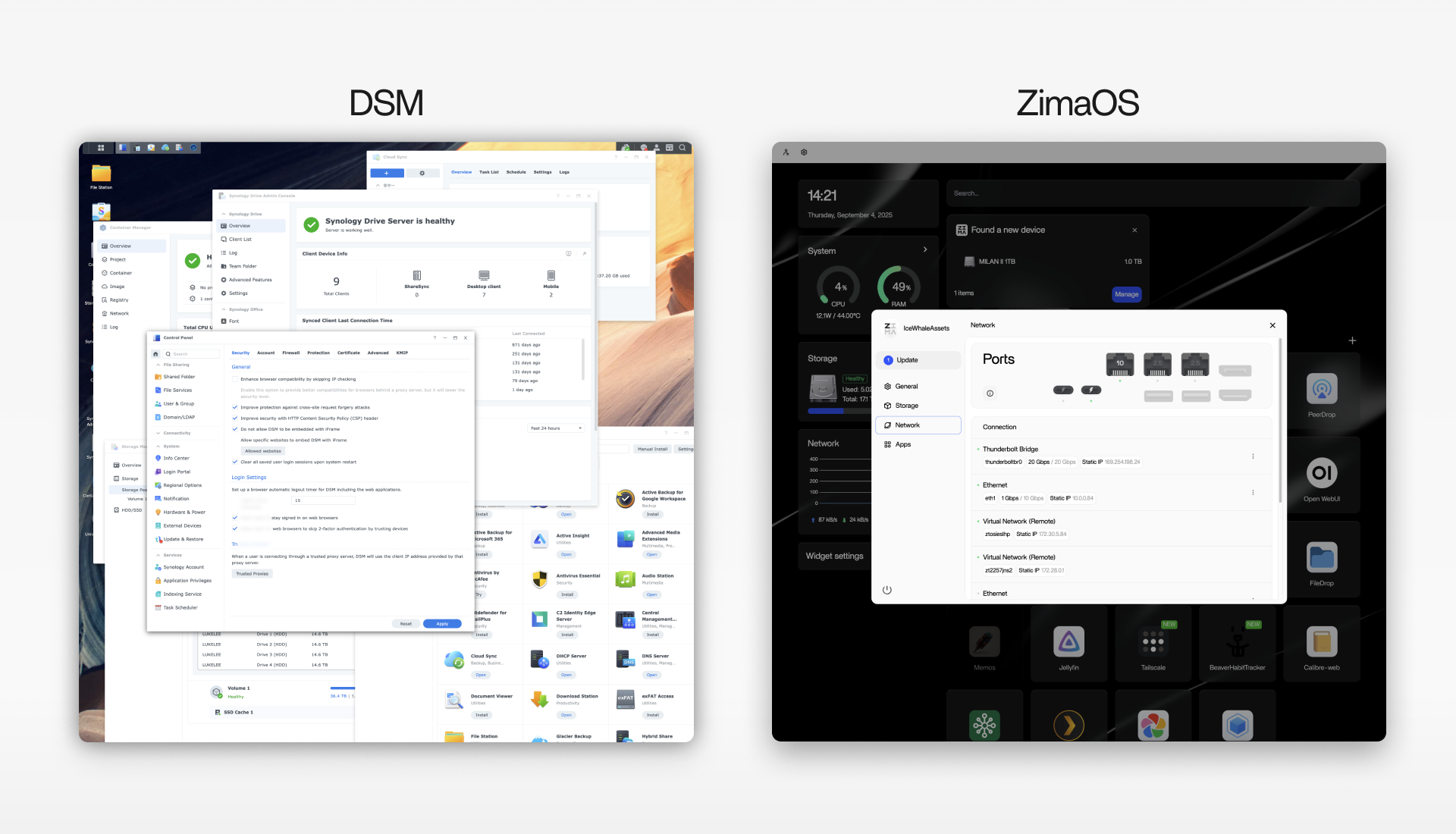 DSM vs. ZimaOS Graphical User Interface Comparison