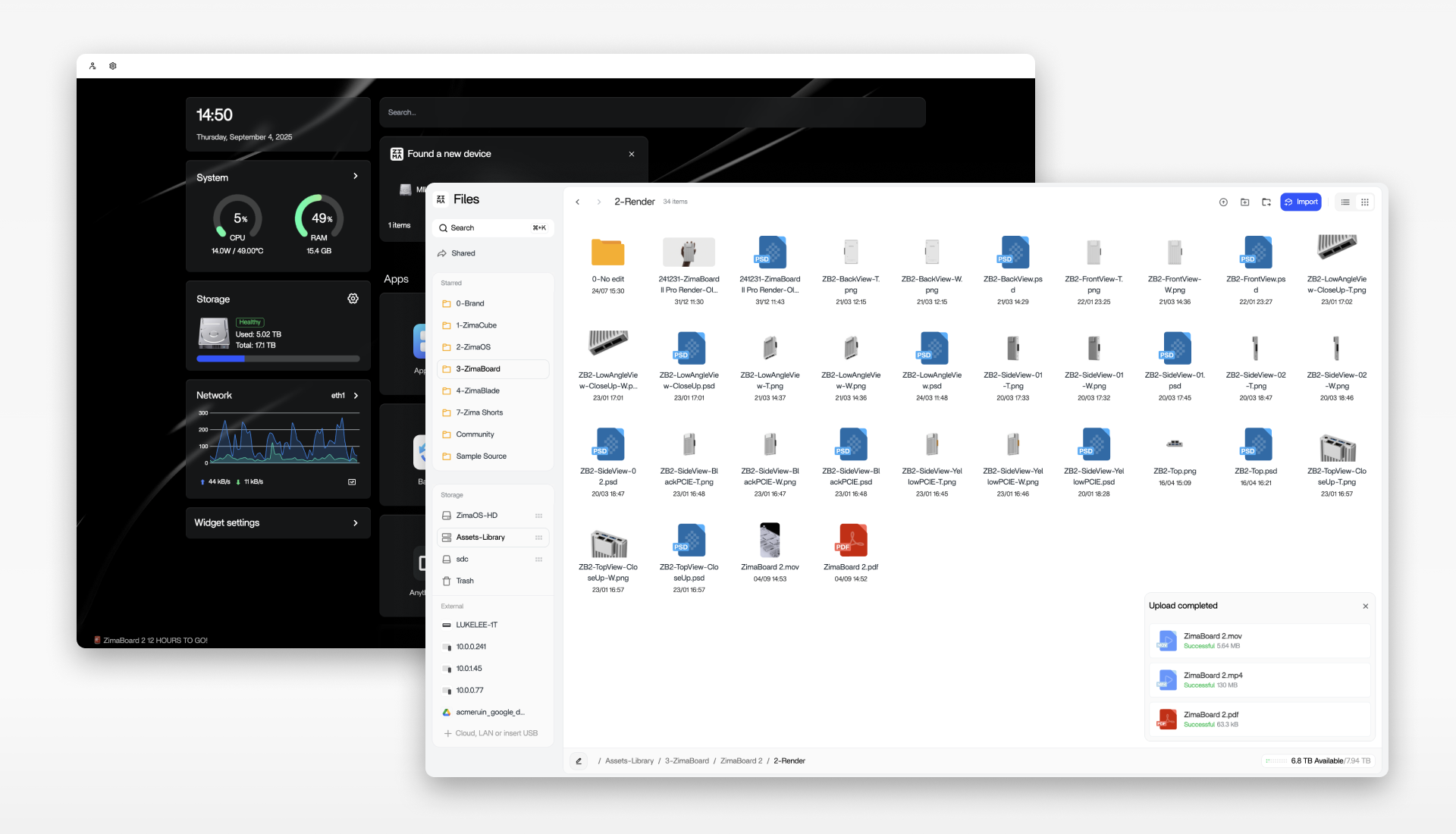 A screenshot of a ZimaOS showing a file manager and a system monitoring dashboard.