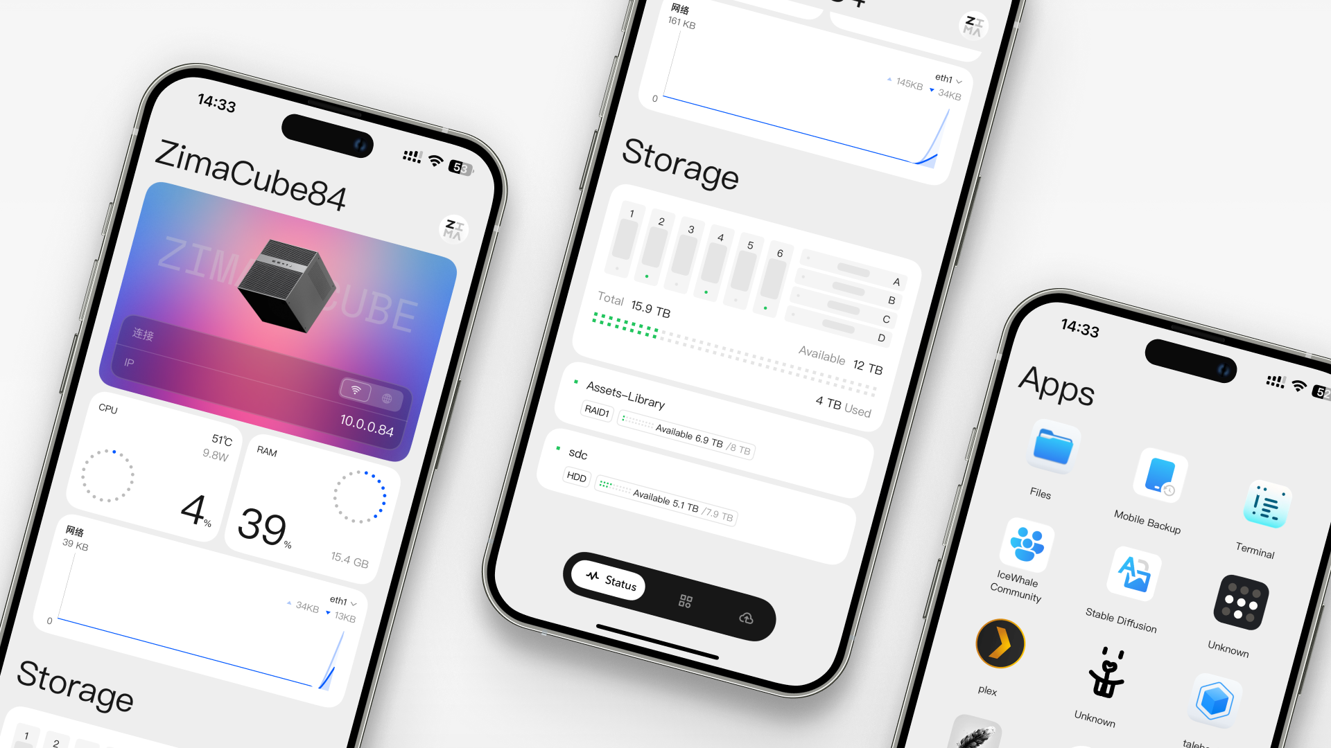 Three smartphones displaying Zima Client App, showcasing a ZimaCube84 device dashboard, a storage management screen, and an app library.