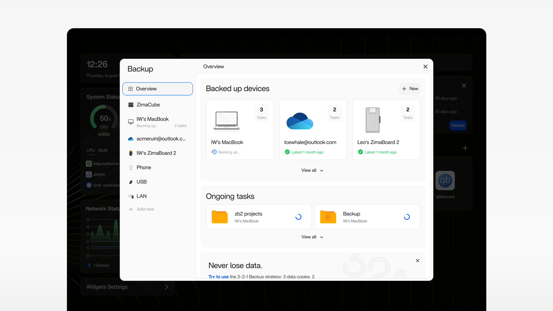 A screenshotof Zima backup application's user interface, showing the overview of backed-up devices and ongoing tasks.