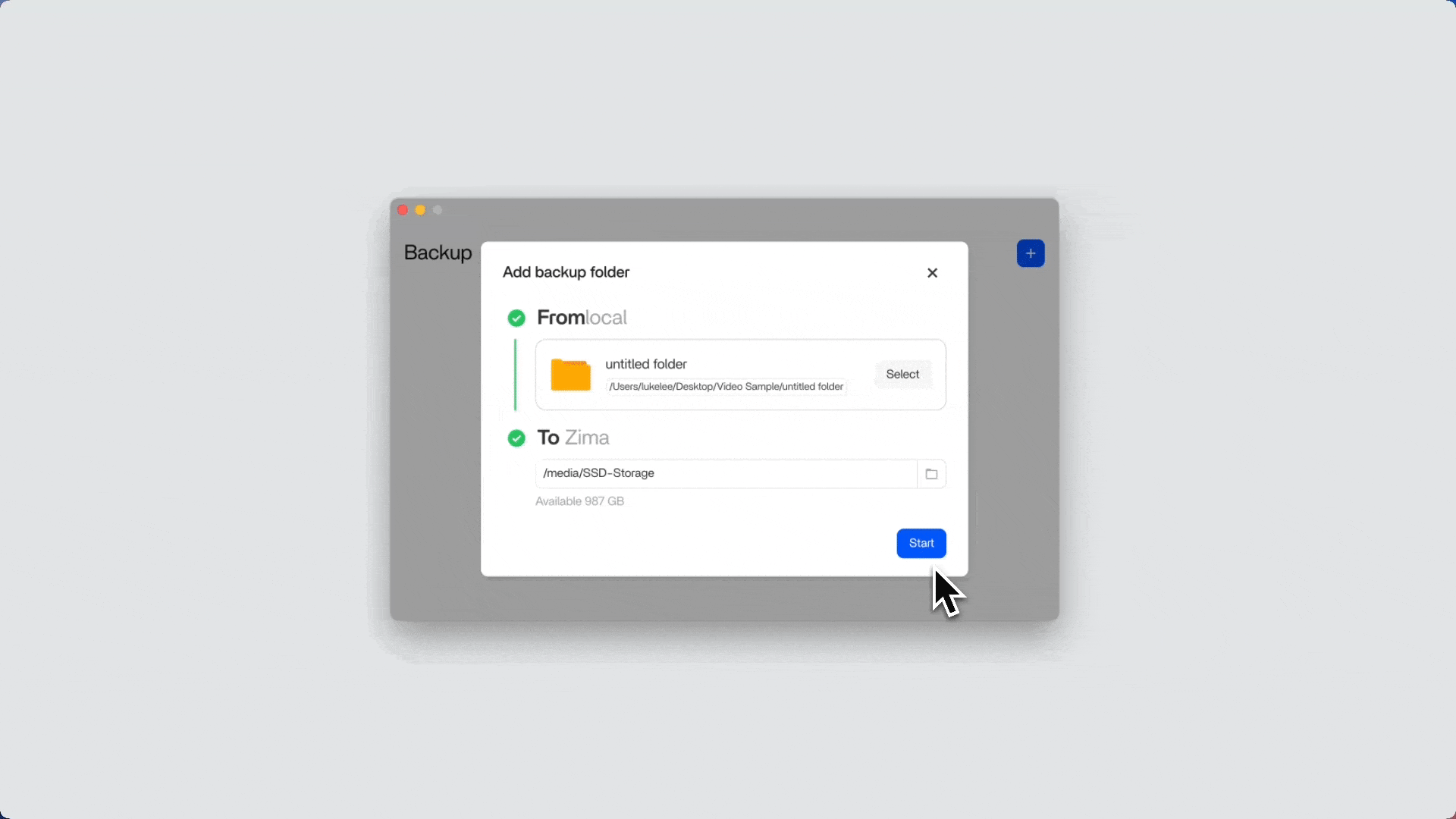 A screen recording of a user setting up a local-to-NAS backup using Zima Backup.