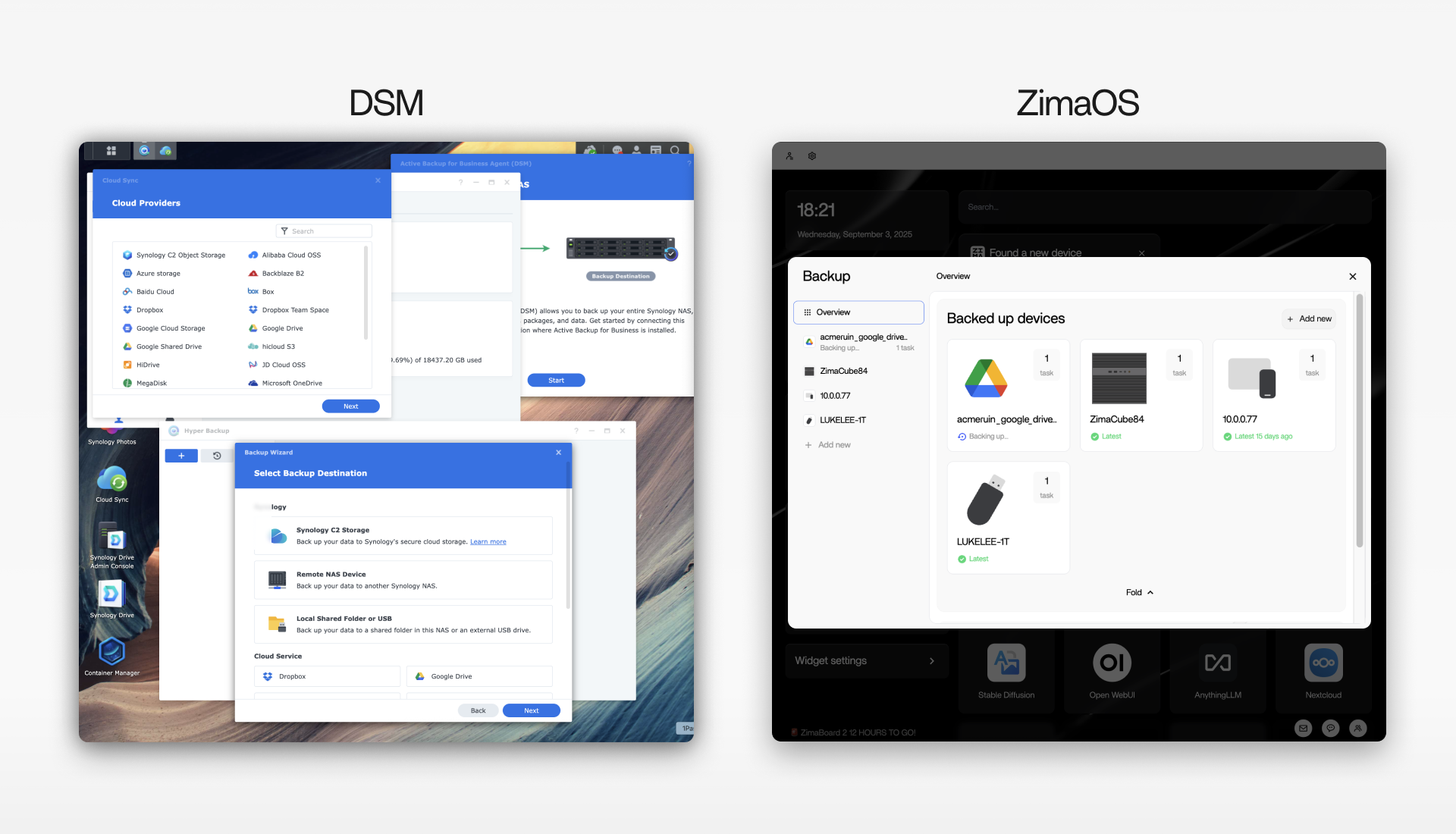 NAS Backup UI Comparison: Synology DSM vs. ZimaOS