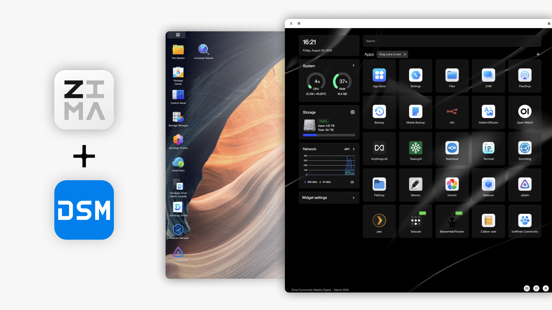 Two user interfaces, ZimaOS and Synology DSM, are shown side-by-side, representing a fusion of two personal cloud systems.