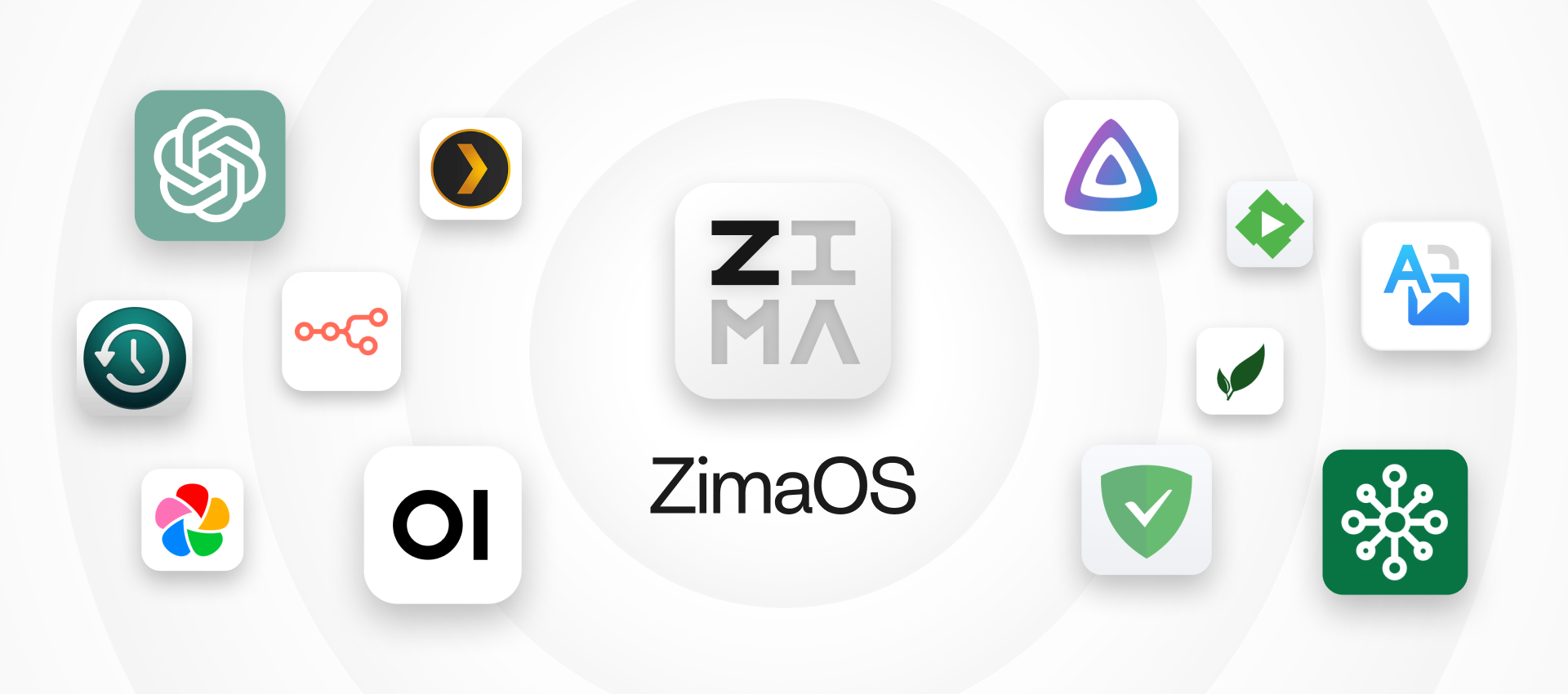 A collection of software application icons surrounding a central "ZimaOS" logo, presented on a white background with concentric, translucent gray rings.