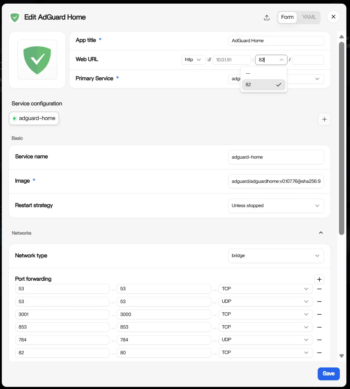 AdGuard Home 应用设置中 Web URL 字段由 3001 改为 82