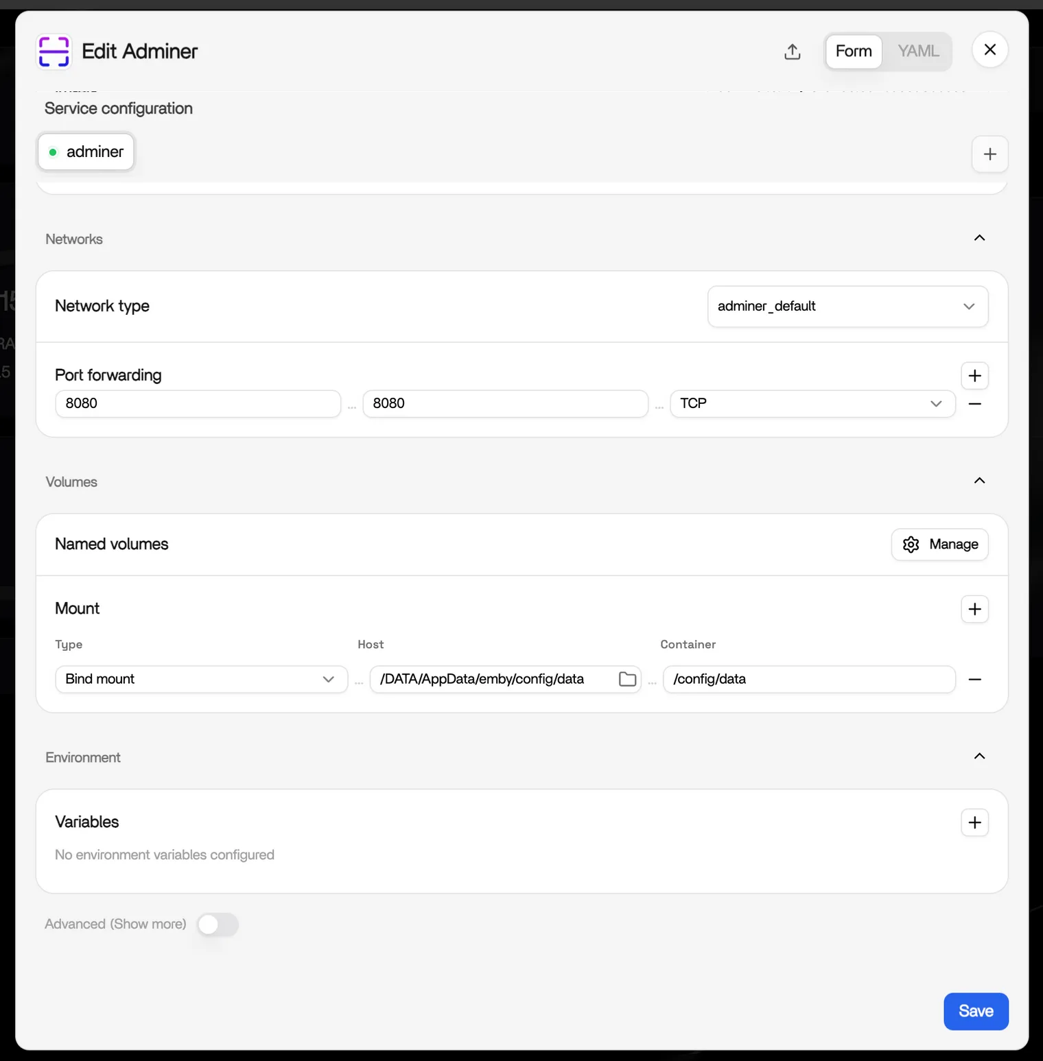 Volumes do Adminer com a pasta de dados do Emby montada no contentor