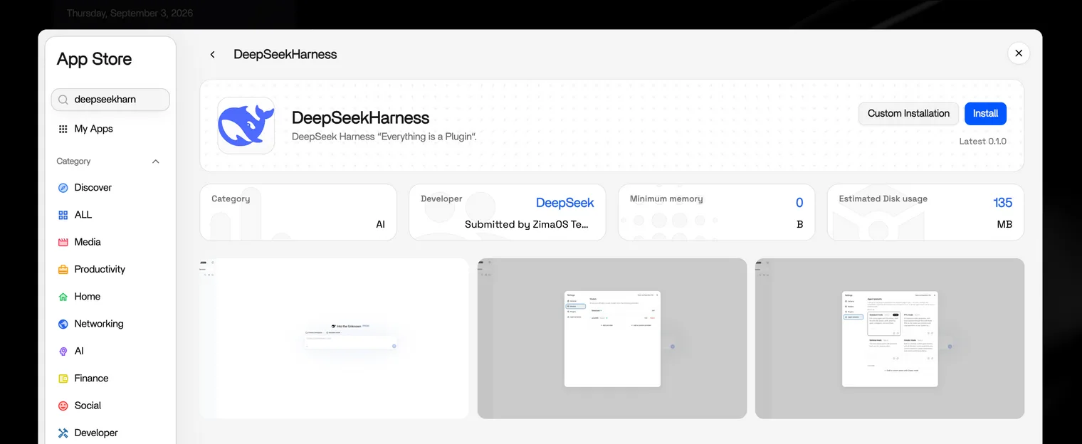 App Store search results showing the DeepSeek Harness app card and its Install button
