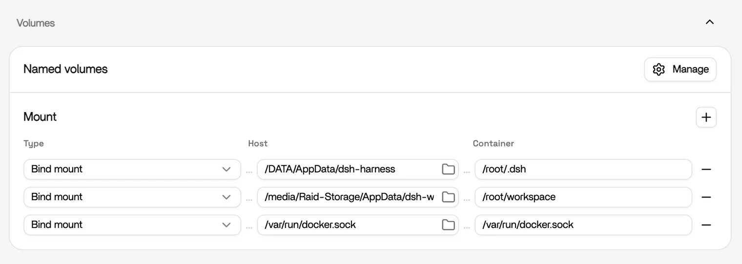 App settings page showing the Docker socket volume authorization for the DeepSeek Harness container