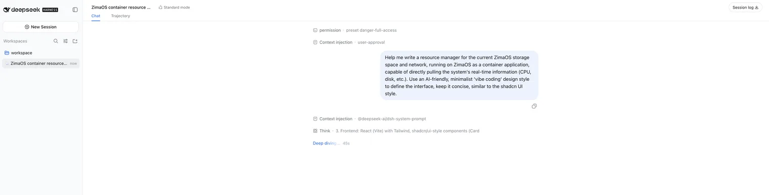 A session in the DeepSeek Harness Web UI with the resource monitor task and the agent's plan