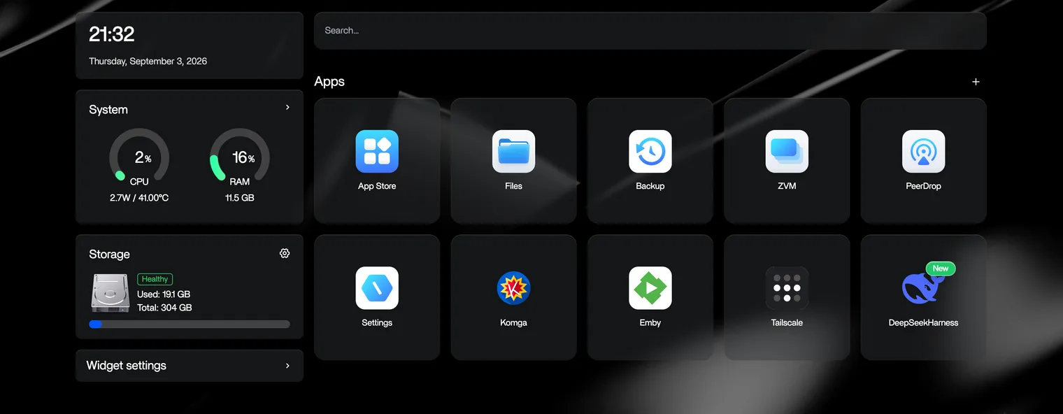Apps list in the ZimaOS Dashboard with DeepSeek Harness showing as installed