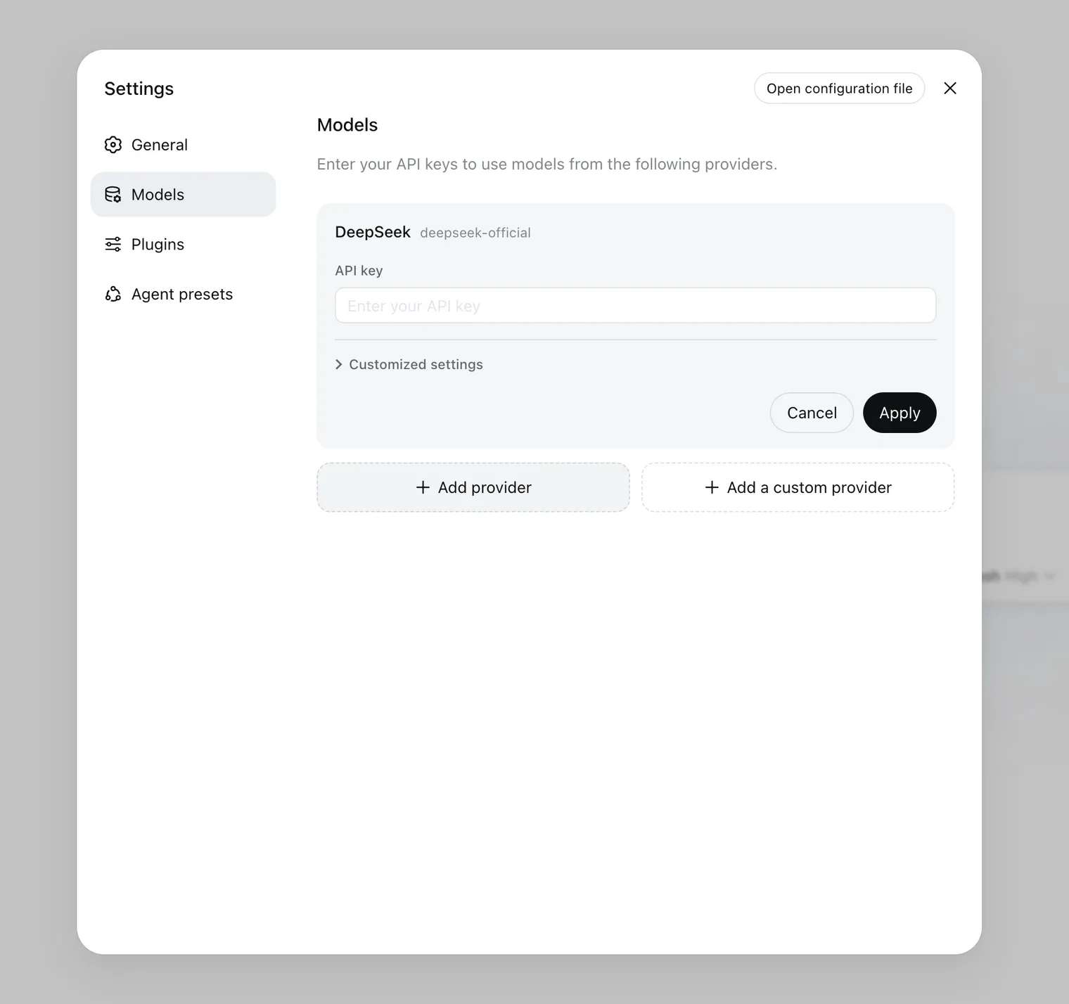 Settings page in the DeepSeek Harness Web UI with a model provider added and its API key saved