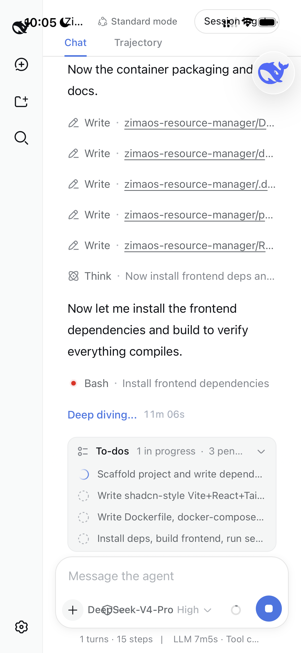 DeepSeek Harness Web UI opened through ZimaClient on a phone showing an active session