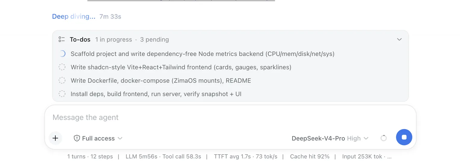 Sandbox permission setting in the DeepSeek Harness Web UI set to full access