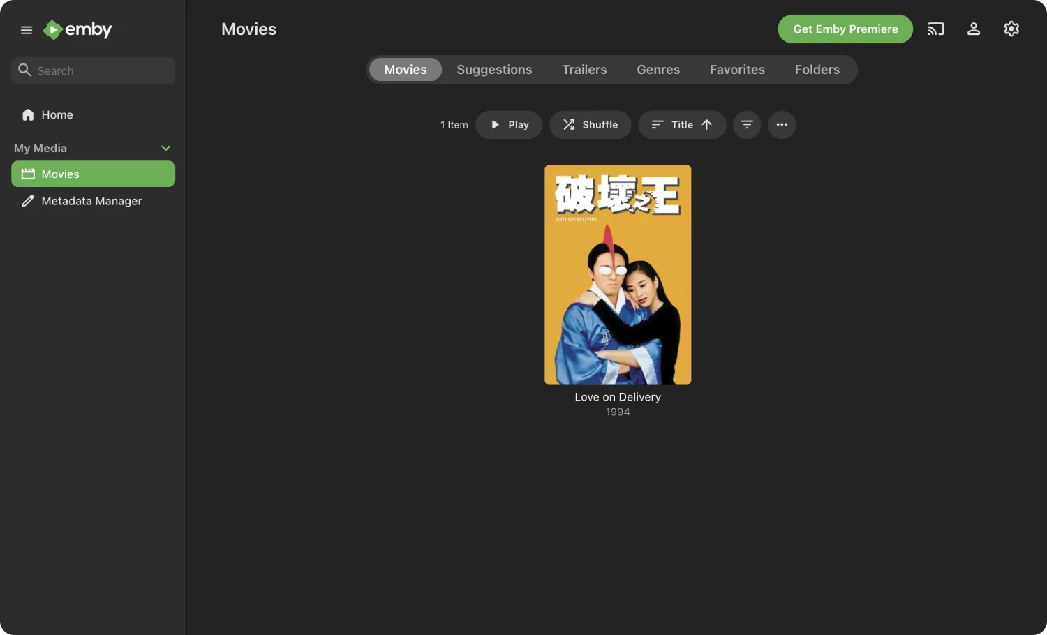 最初のスキャン後にポスター付きの 1 本の映画が表示された Emby Movies ライブラリ
