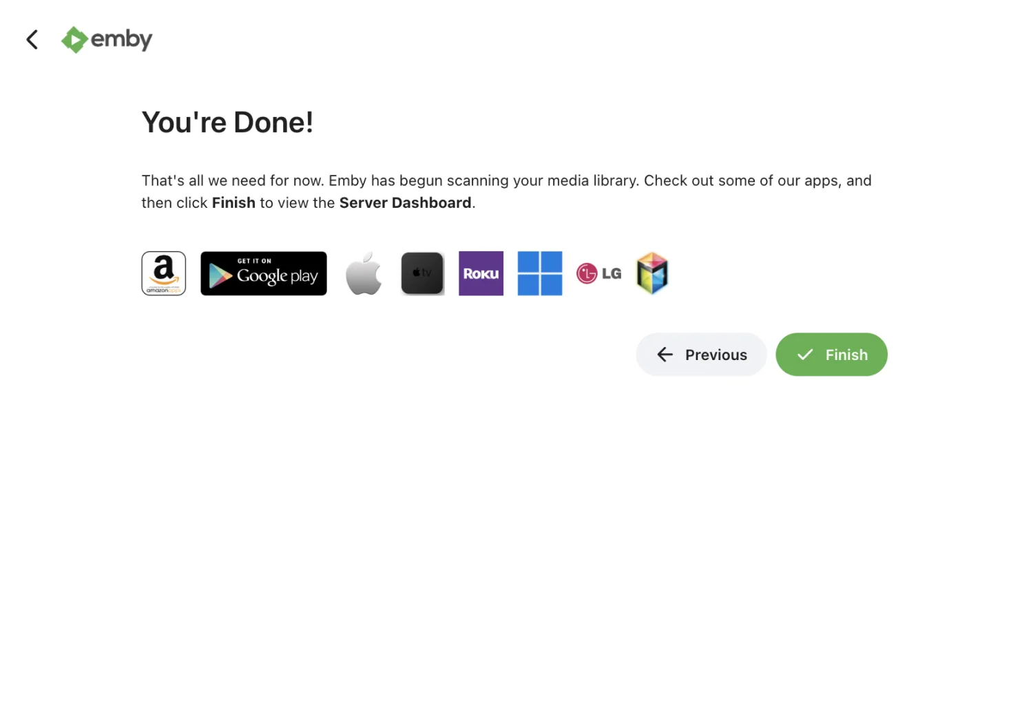 セットアップ完了を確認し Finish ボタンが表示された Emby ウィザードの最終画面
