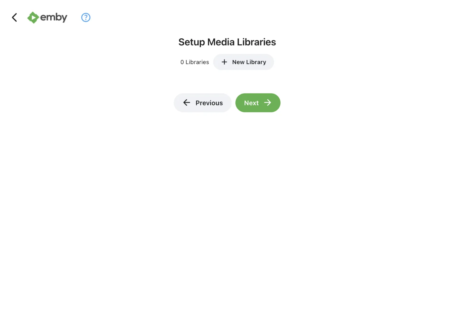 ライブラリがゼロで New Library ボタンが表示された Emby ウィザードのライブラリ画面