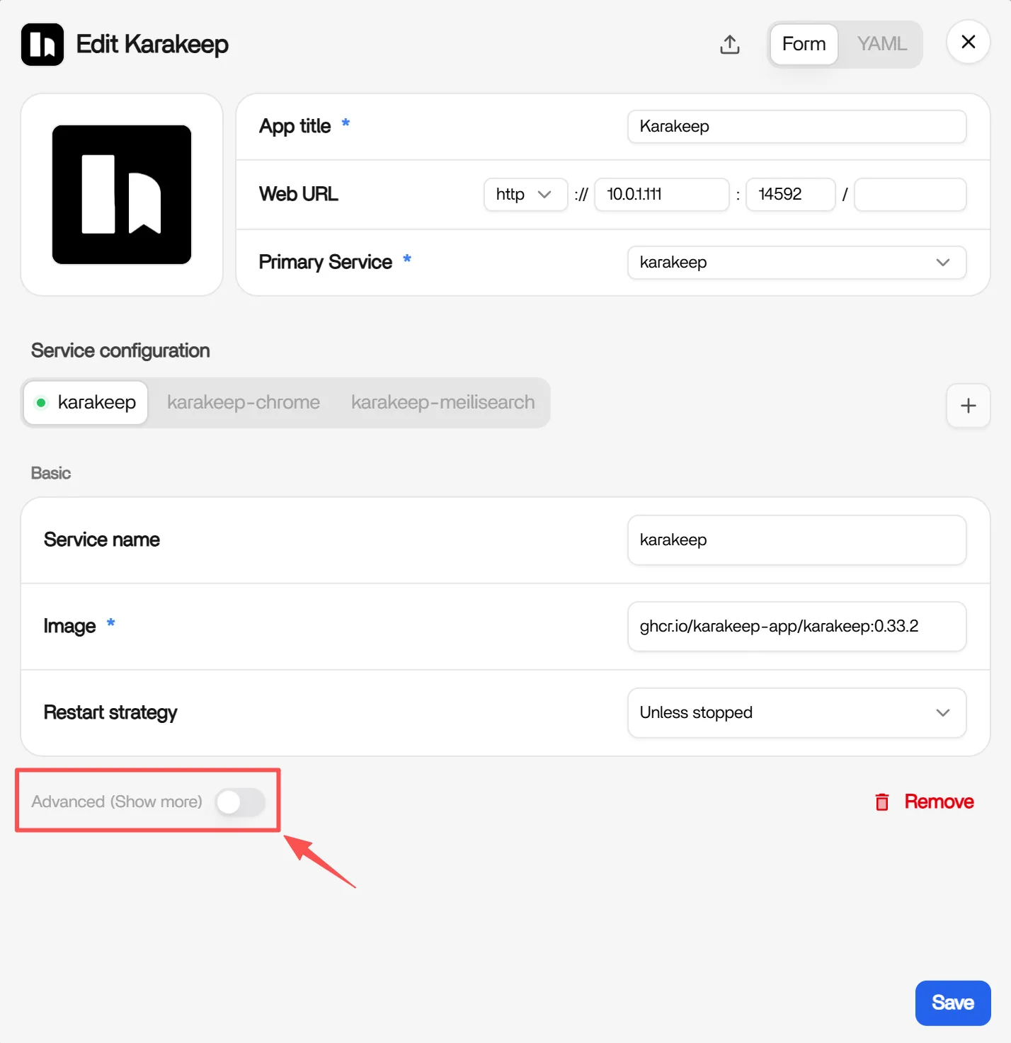 Karakeep 设置中用于填写 AI API key 的 Advanced (Show more) 部分