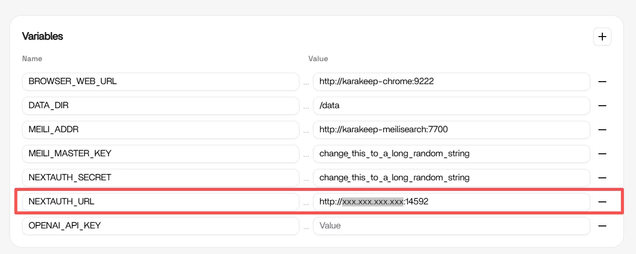 Karakeep 环境变量中设置为设备地址的 NEXTAUTH_URL