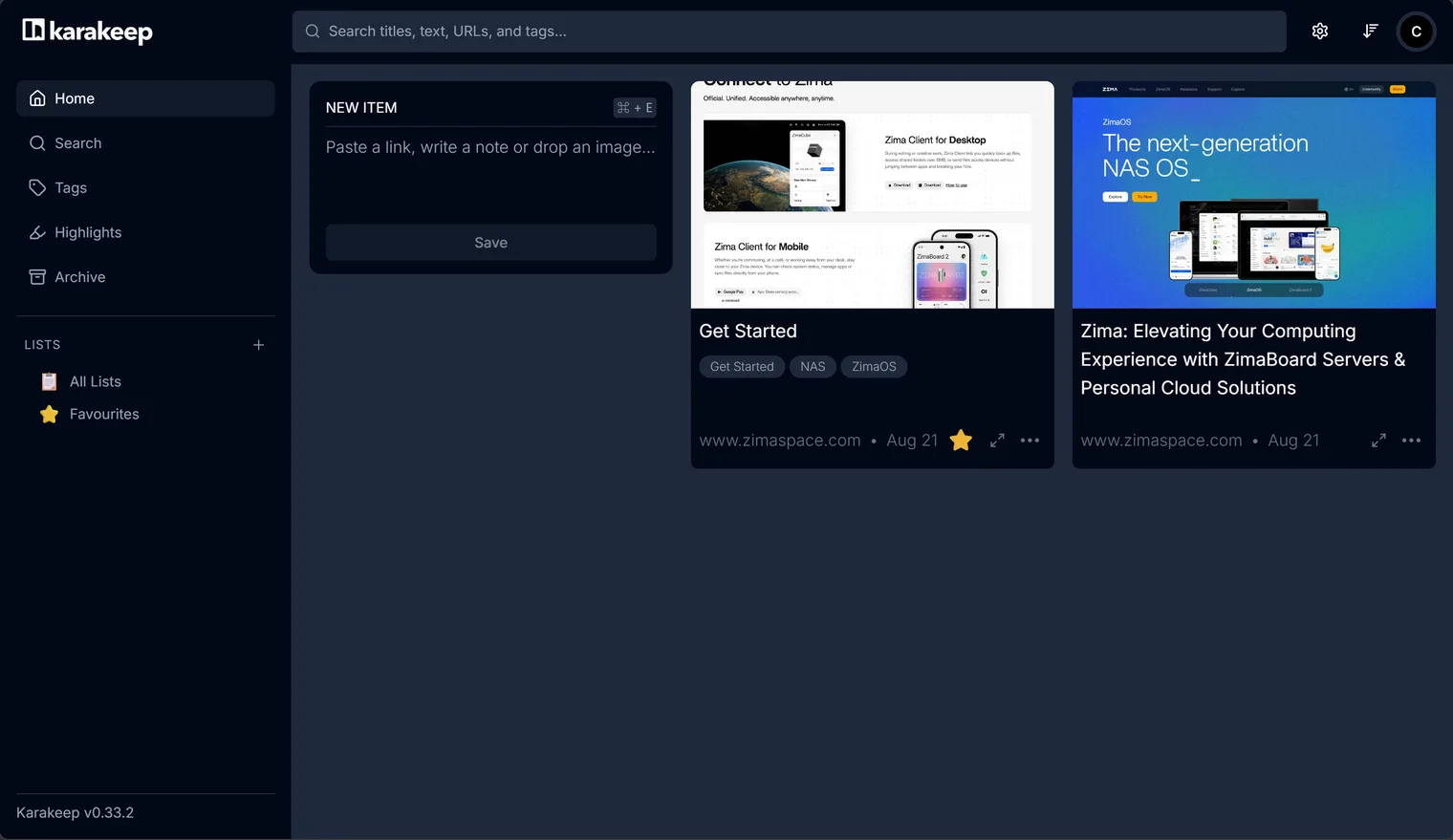 Karakeep 首页视图中 New Item 框旁的 Get Started 和 Zima 卡片