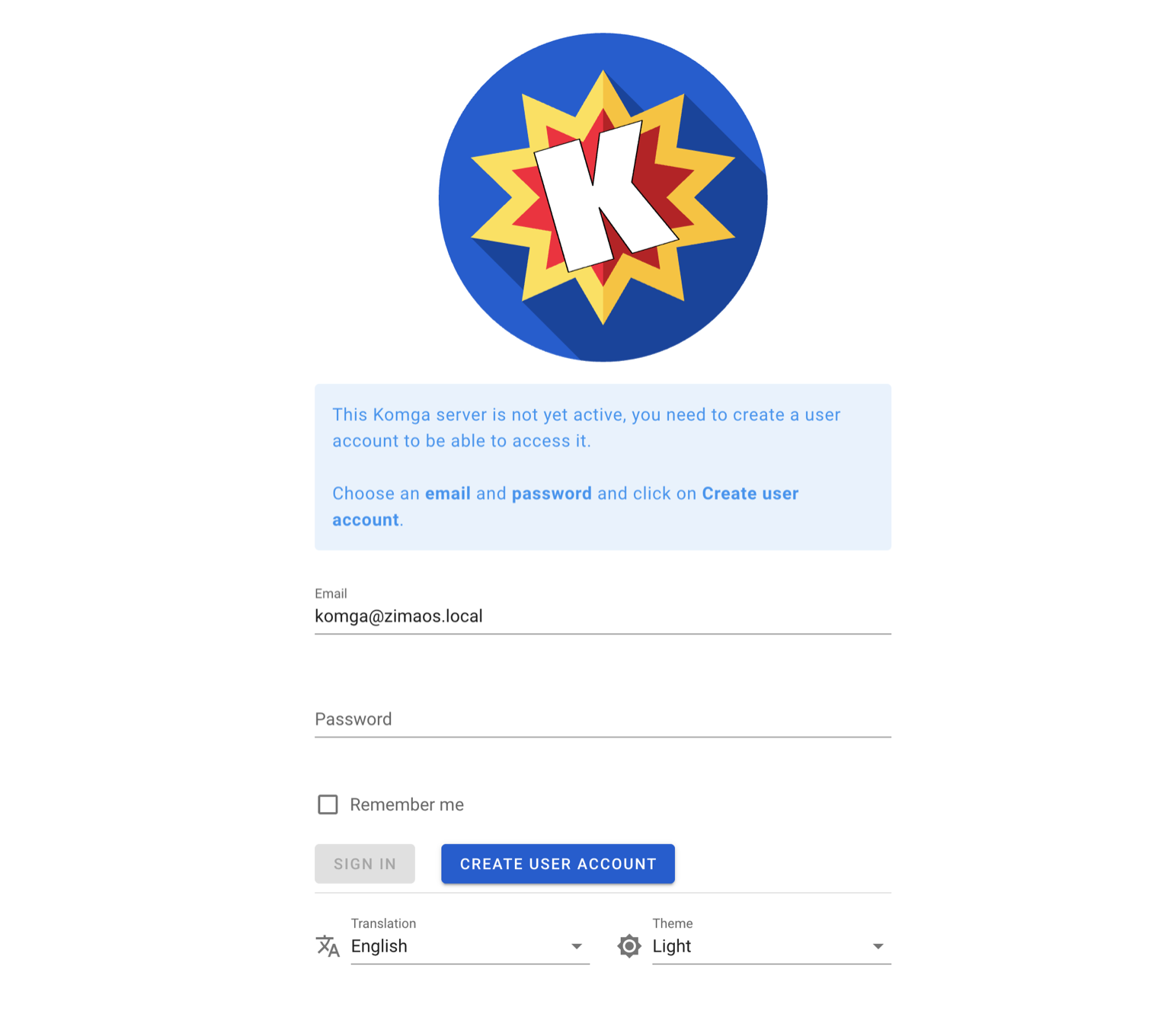 Komga 的首次运行界面，用于创建带邮箱和密码的管理员账户