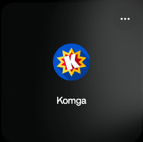 ZimaOS 中的 Komga 应用页面，右上角为容器设置选项菜单