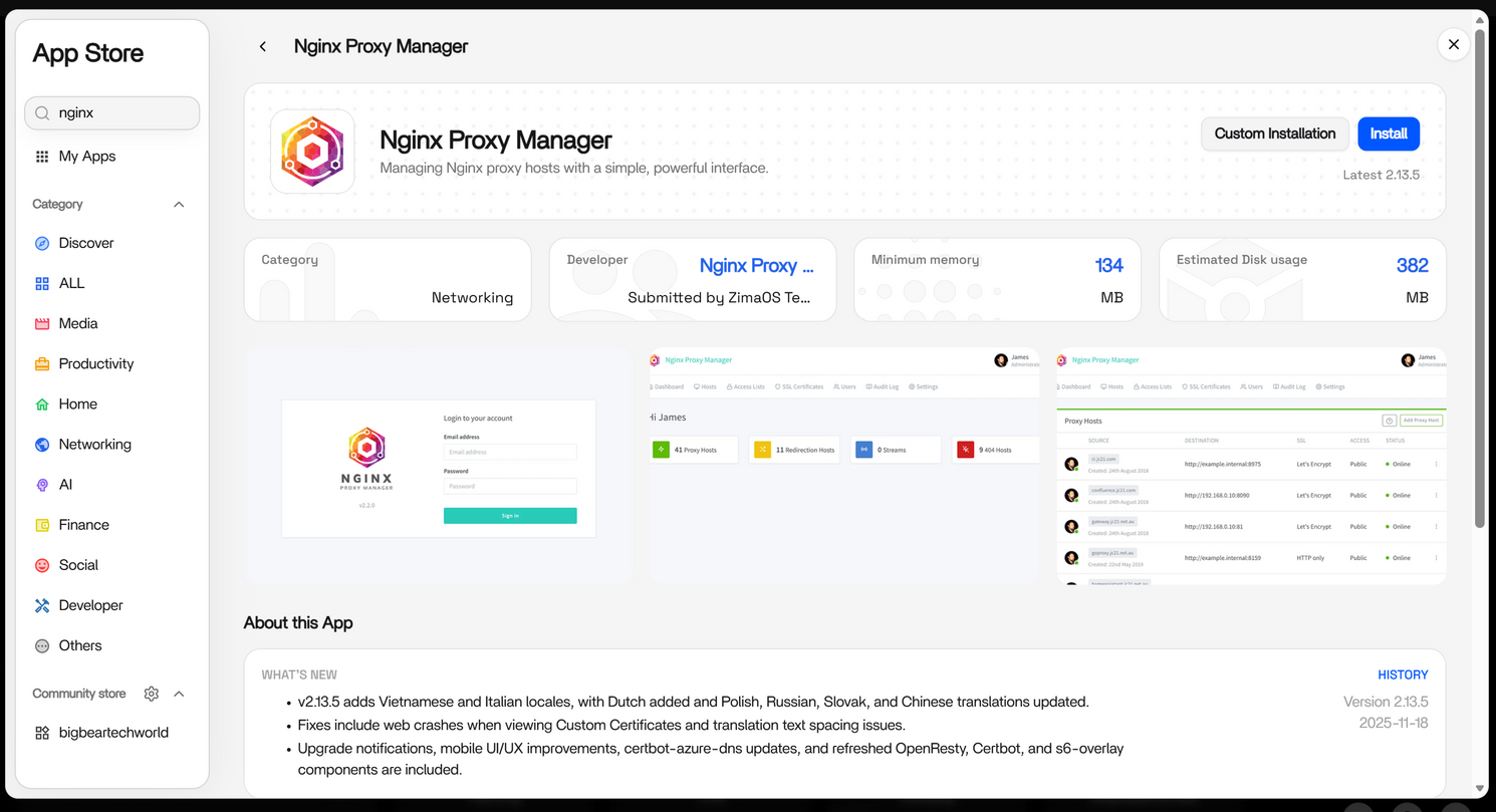 ZimaOS 应用商店中的 Nginx Proxy Manager 应用页面及安装按钮
