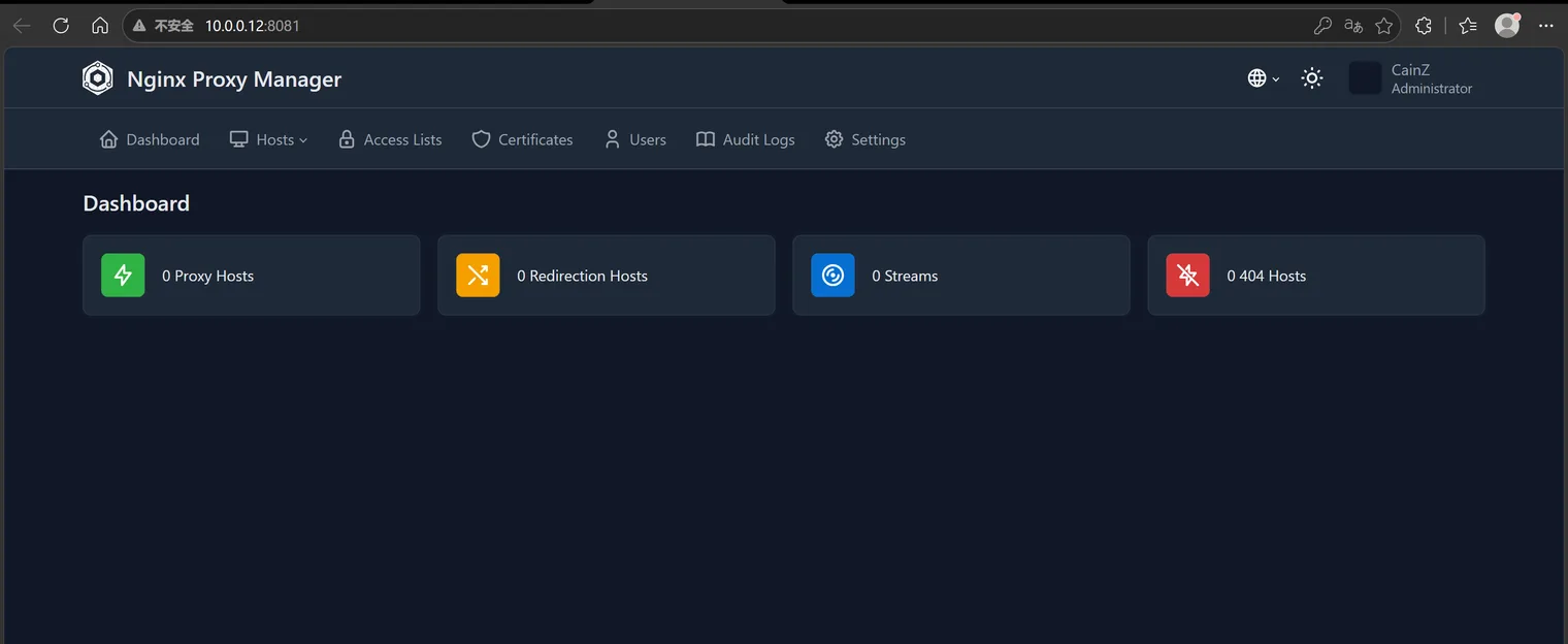Nginx Proxy Manager 仪表盘中代理主机和重定向计数器均为零