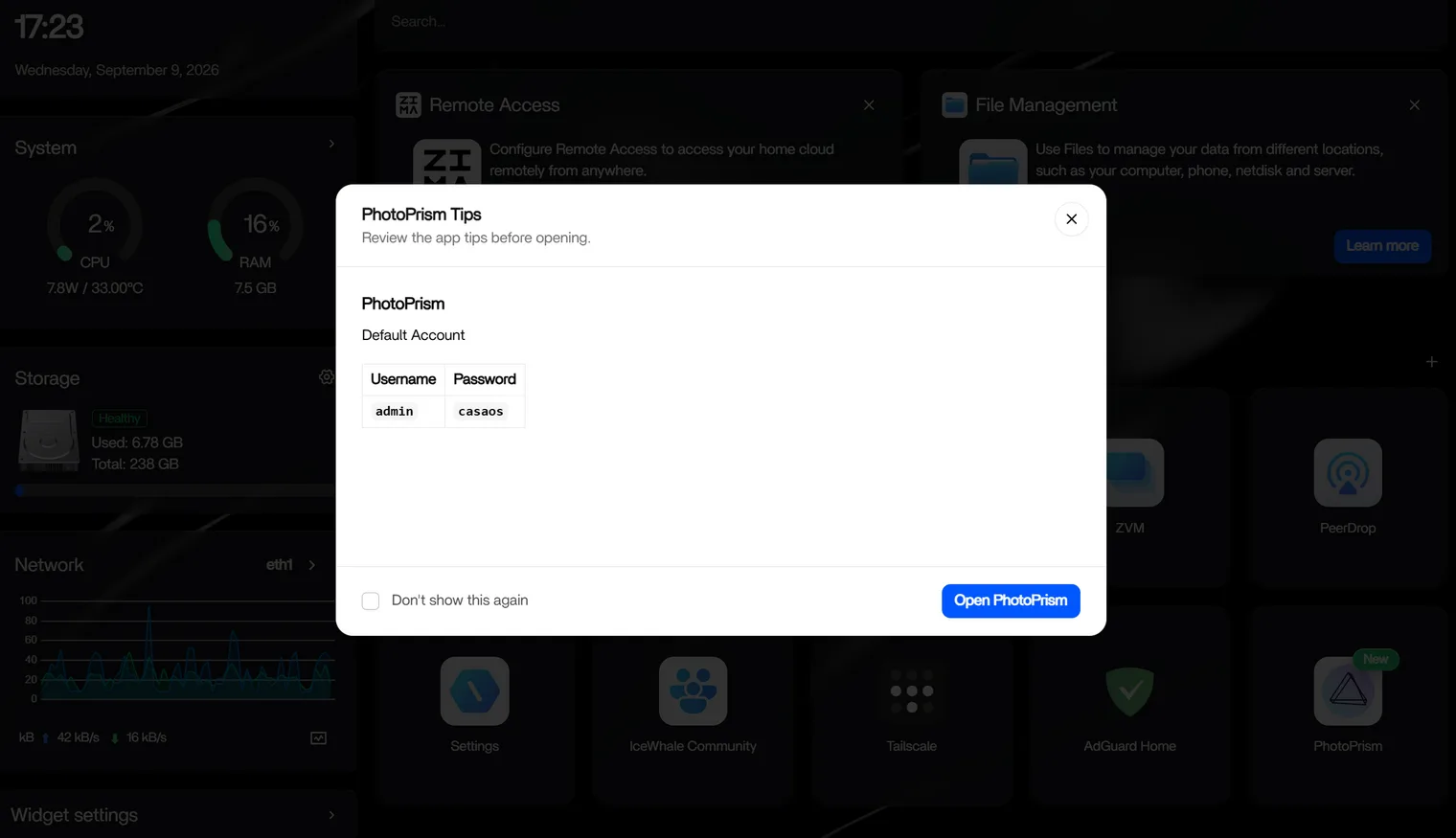 PhotoPrism 提示窗口中显示的默认管理员用户名和密码
