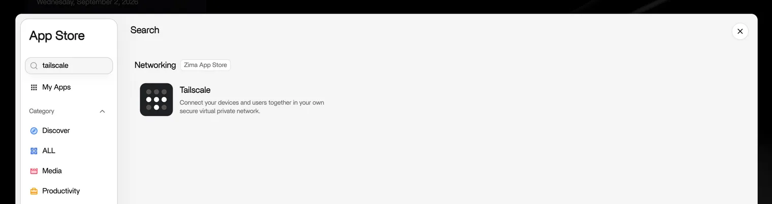 Tarjeta de la aplicación Tailscale en la App Store de ZimaOS con el botón Instalar y la descripción