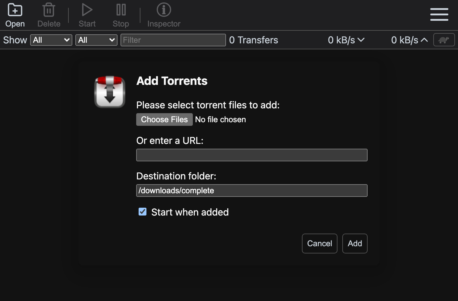 Transmission 的 Add Torrents 对话框及默认下载文件夹