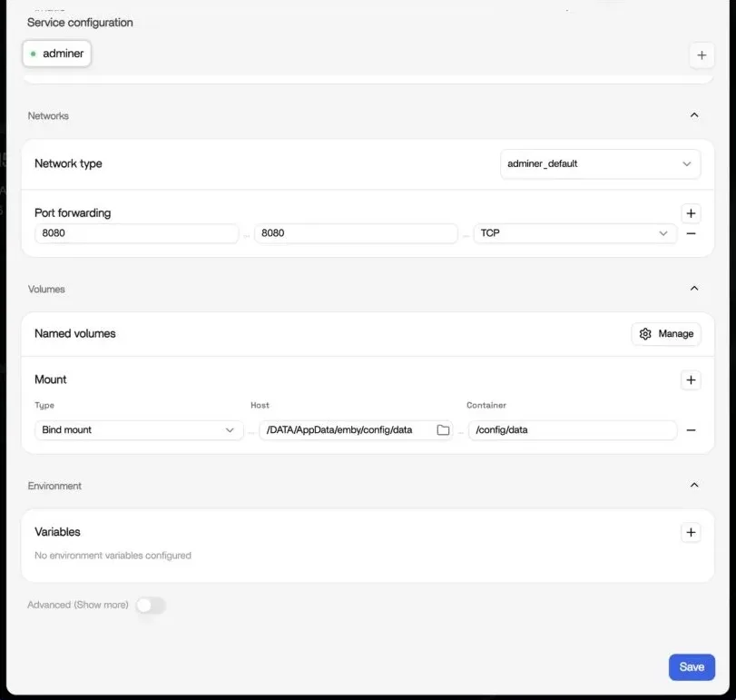 Bind-mounting the Emby database directory in the Adminer container settings