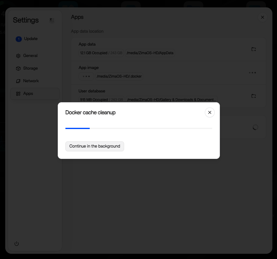 ZimaOS Settings Apps page listing installed apps with their disk usage and cache cleanup options