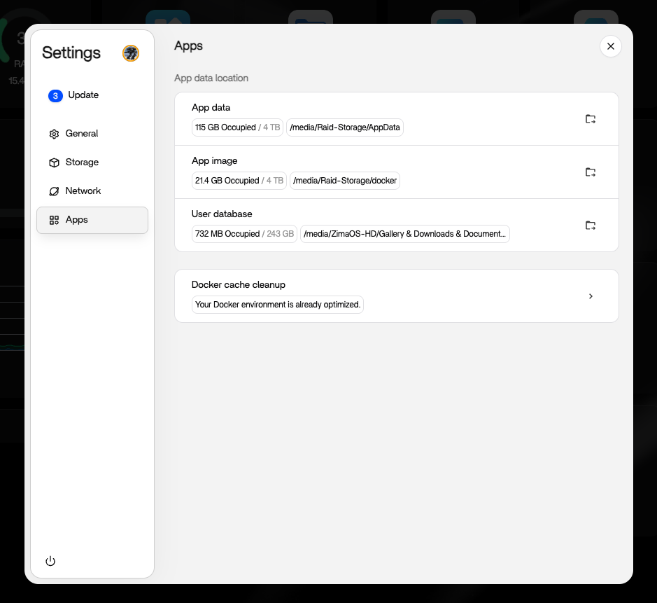 ZimaOS Settings Apps page showing the App data location setting pointed at the main storage space