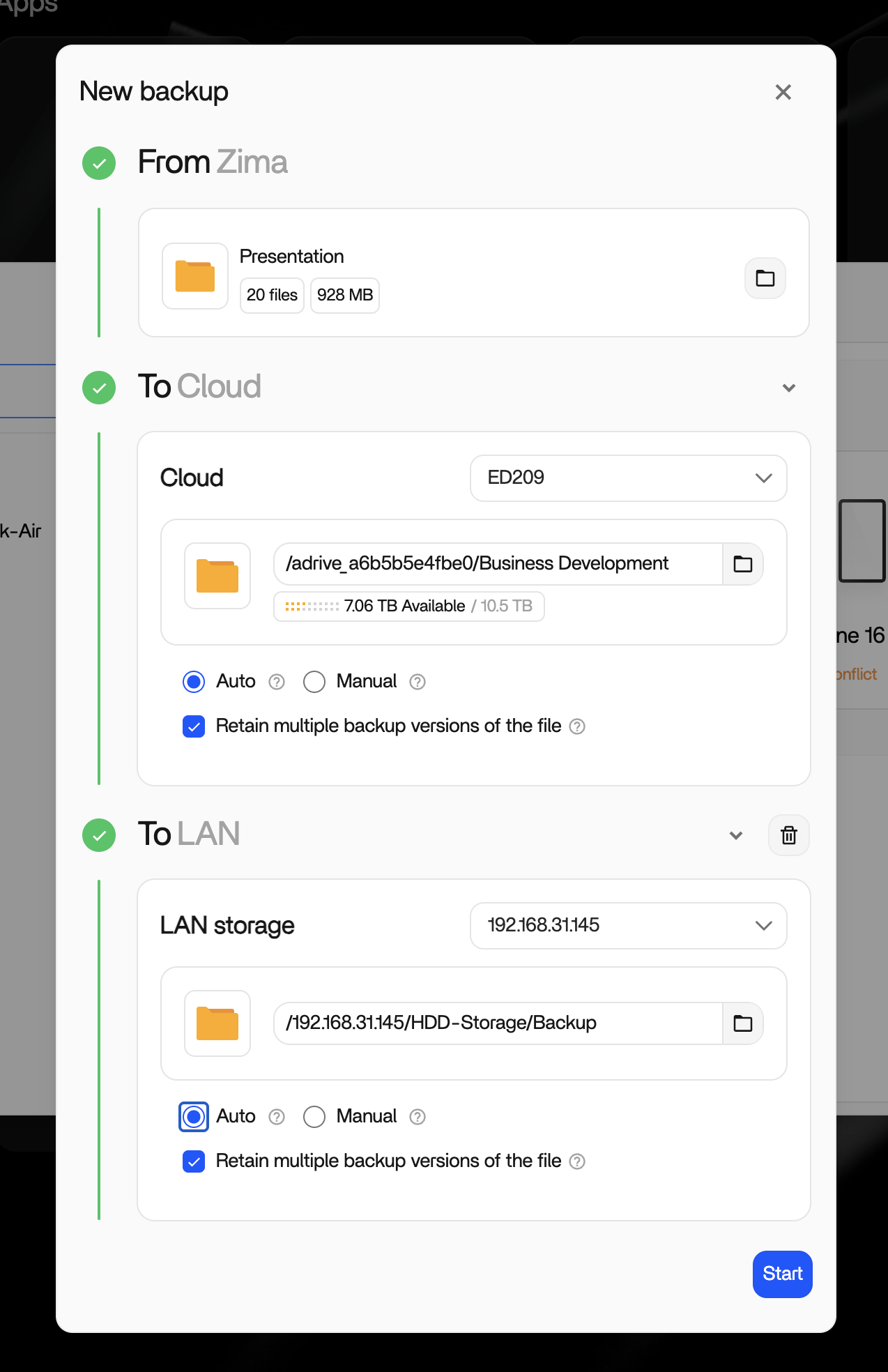 Backup app task list showing two tasks that copy the same folder to different destinations