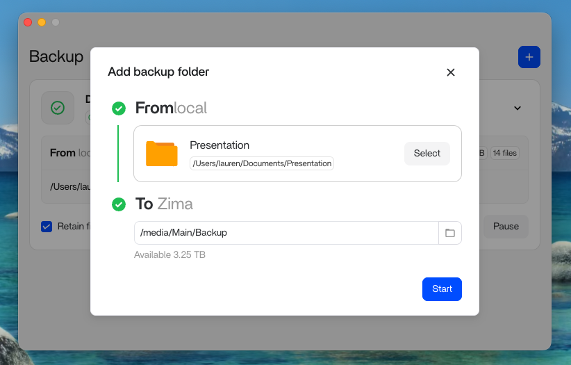ZimaClient desktop destination picker showing storage spaces to choose for the backup