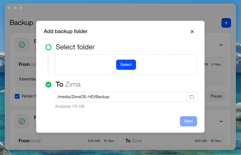 ZimaClient desktop screen for selecting computer folders to back up
