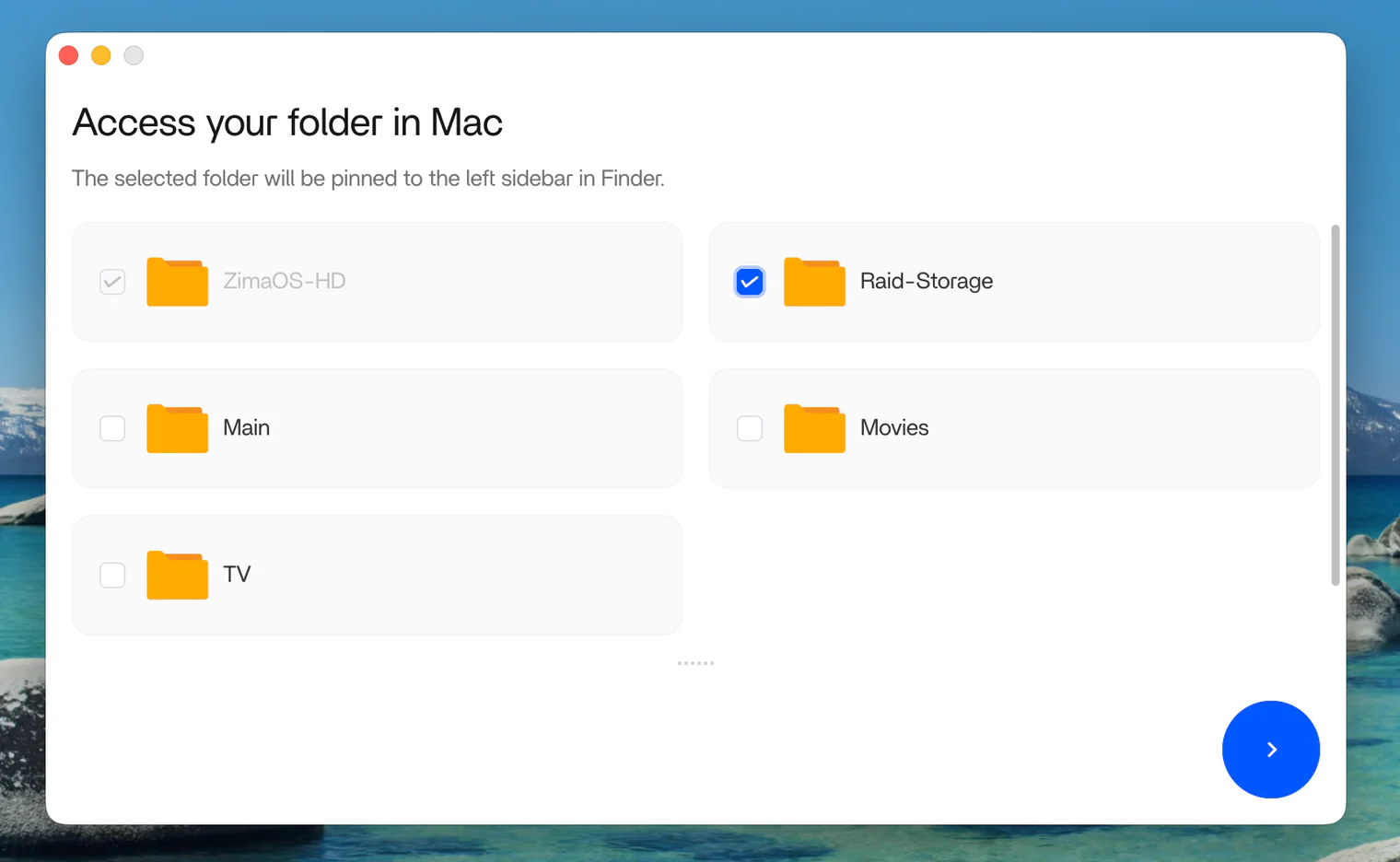 ZimaClient desktop screen configuring the default storage mount for Finder and File Explorer