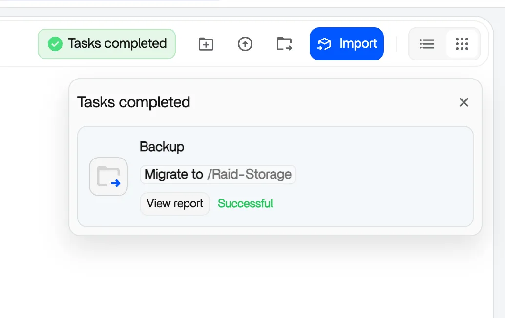 Data Migration completion popup showing the details of the finished migration