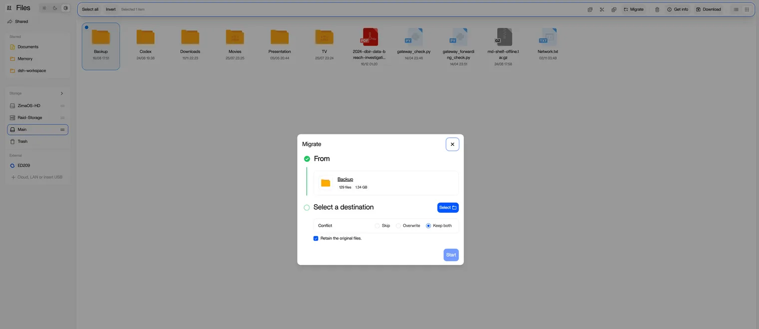 Data Migration page with Modify Location button next to each selectable item