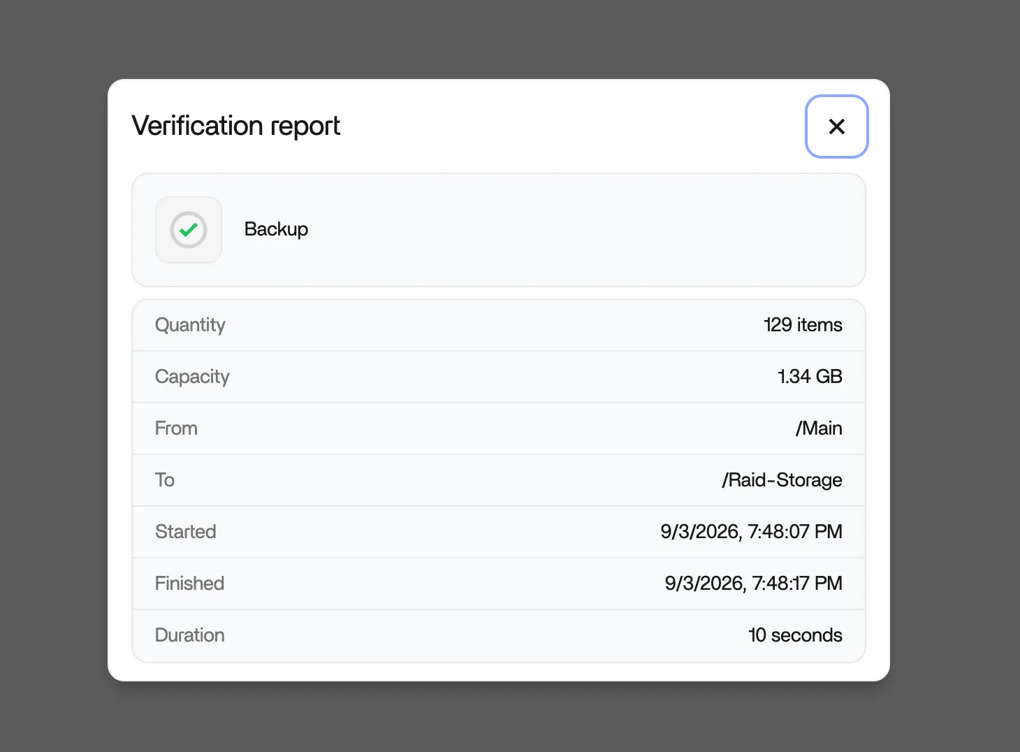 Data Migration report page showing the complete results of a large migration
