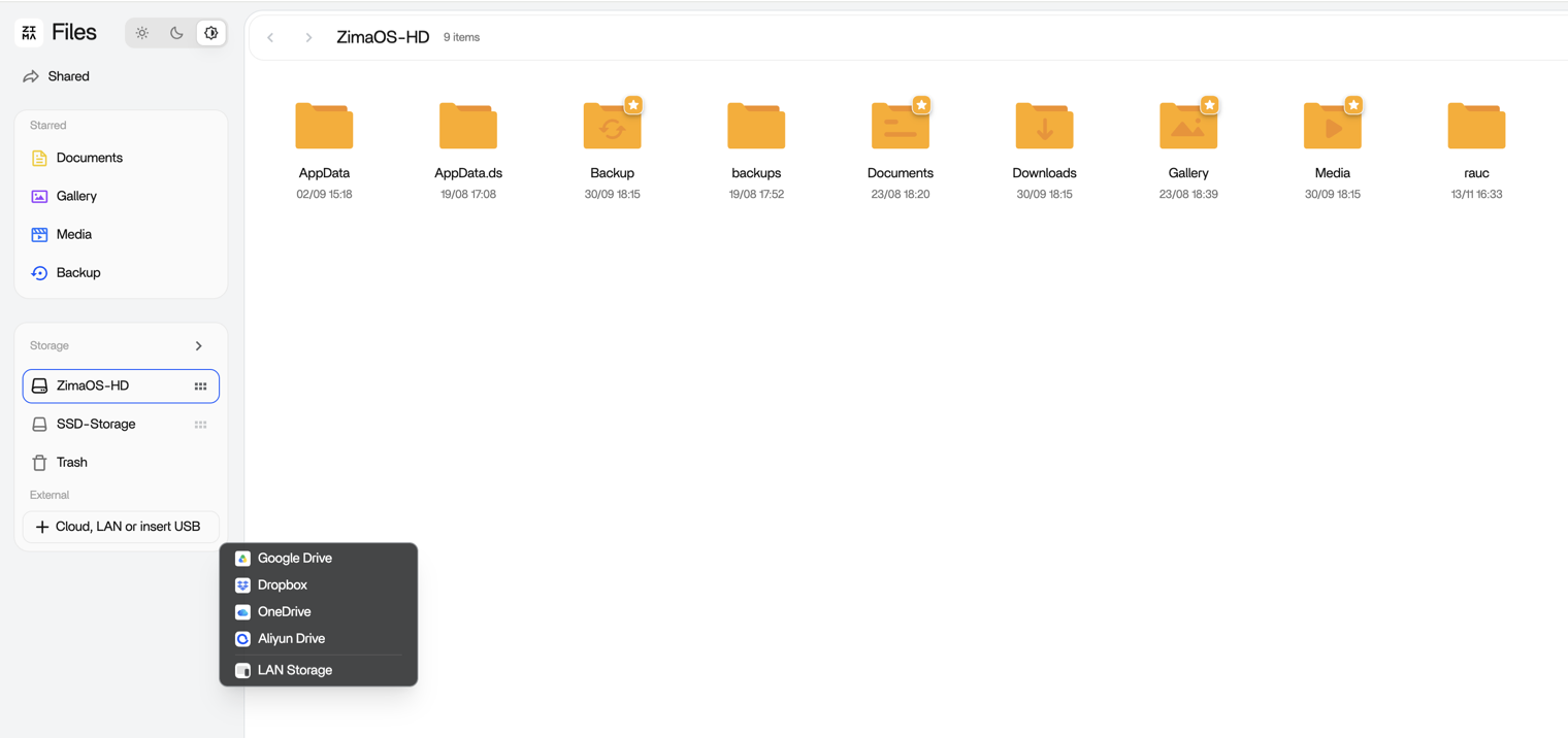 Google Drive、Dropbox、OneDriveの接続オプションが表示されたZimaOSのFilesアプリ