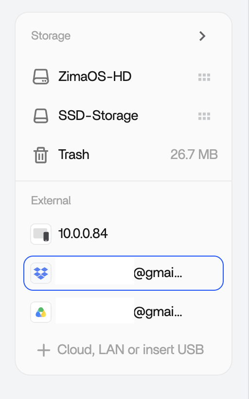 同じクラウドサービスの2つのアカウントが別々のエントリとして表示されたZimaOSのFiles