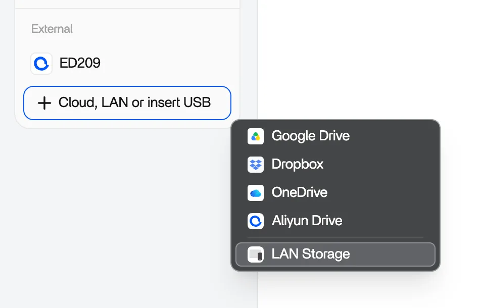 Aplicación Files de ZimaOS mostrando el signo más junto a Storage con la opción LAN Storage