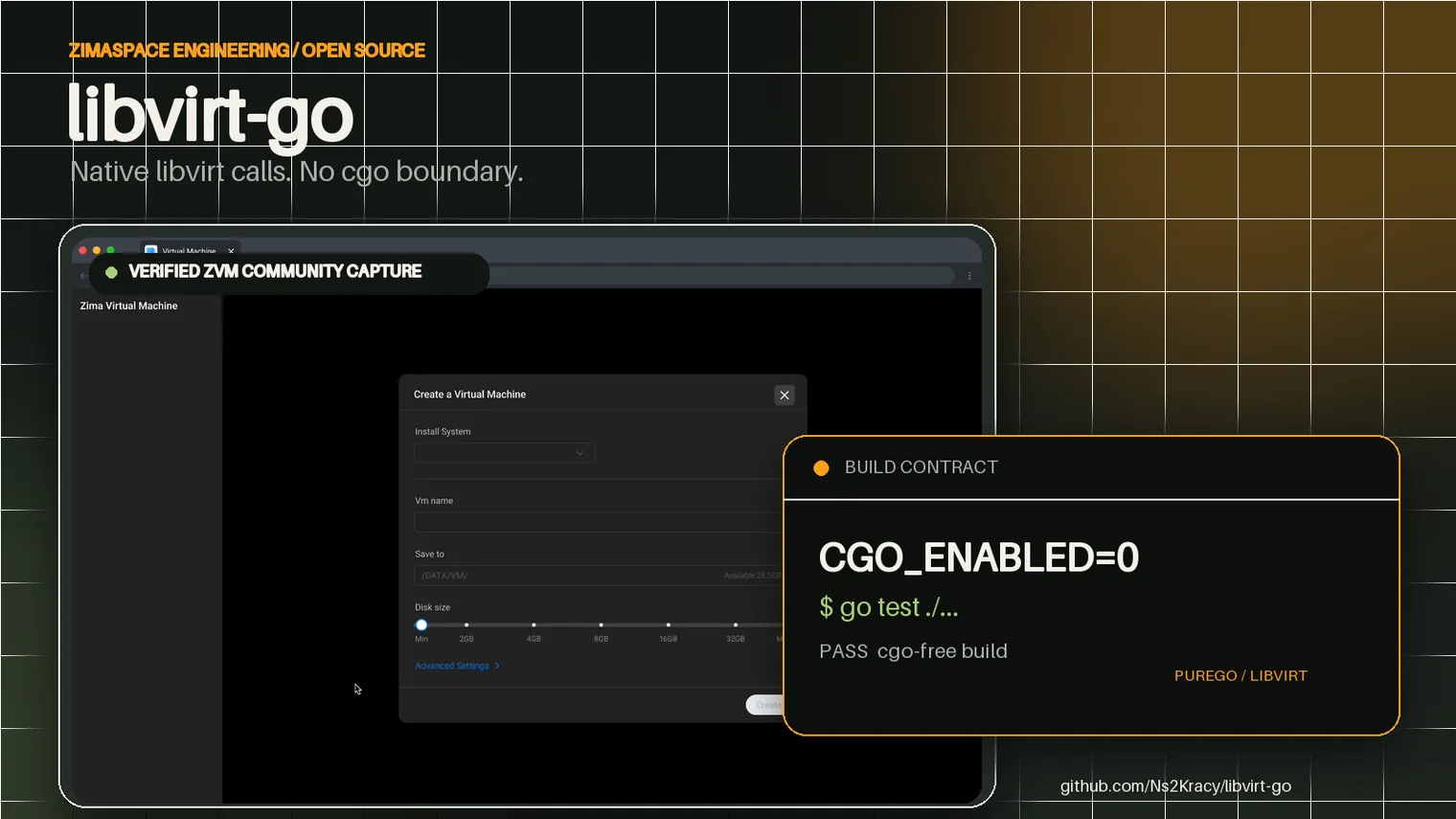 A Zima system running ZVM beside a terminal showing a cgo-disabled Go build.