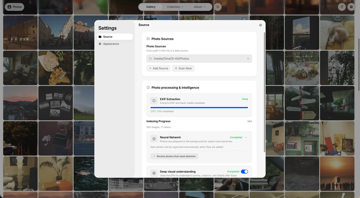 ソース追加オプションが表示されたZimaOS Photosの設定画面(左上)