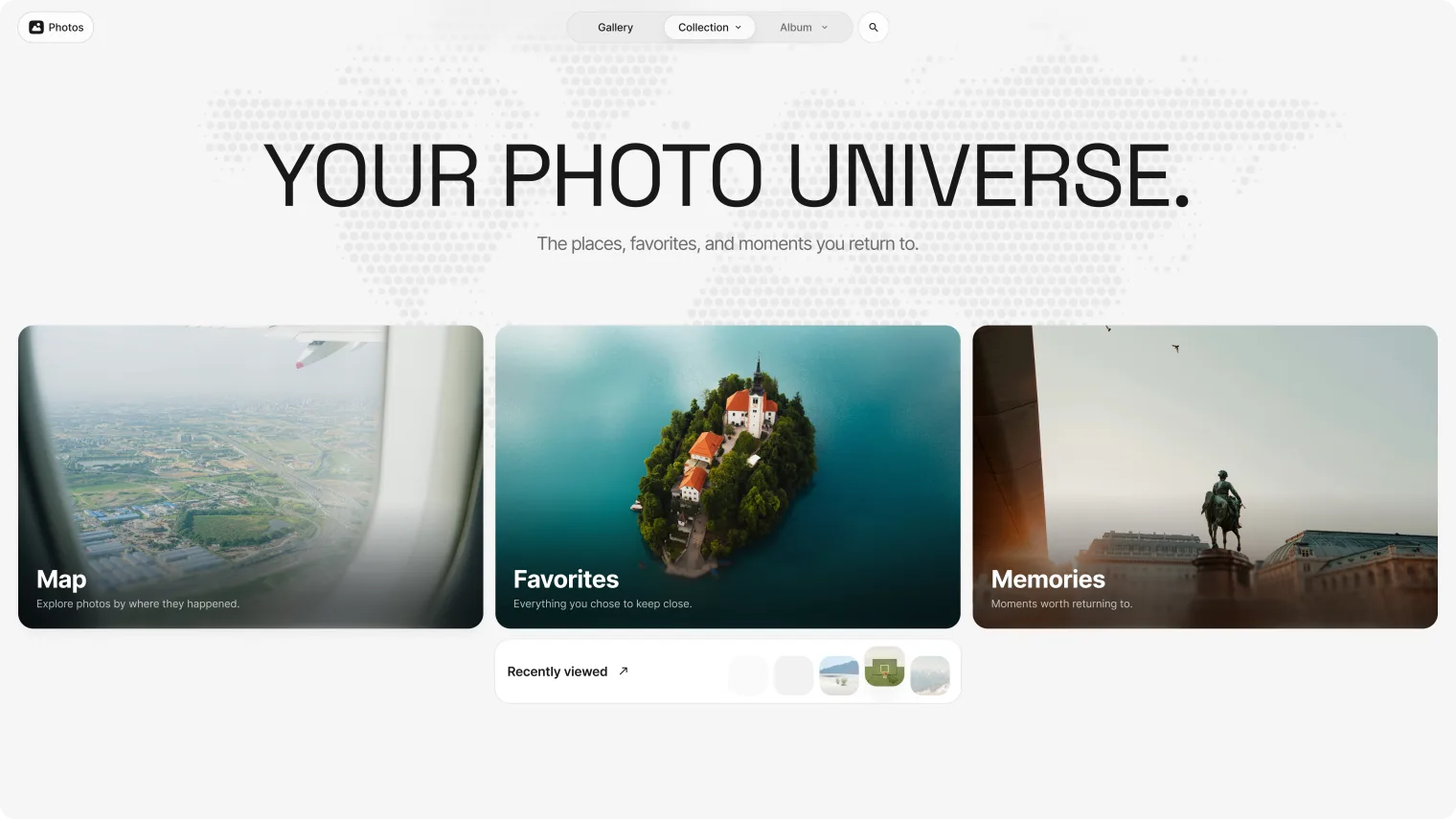 旅行、顔、季節のストーリーが並ぶZimaOS Photosのコレクション表示