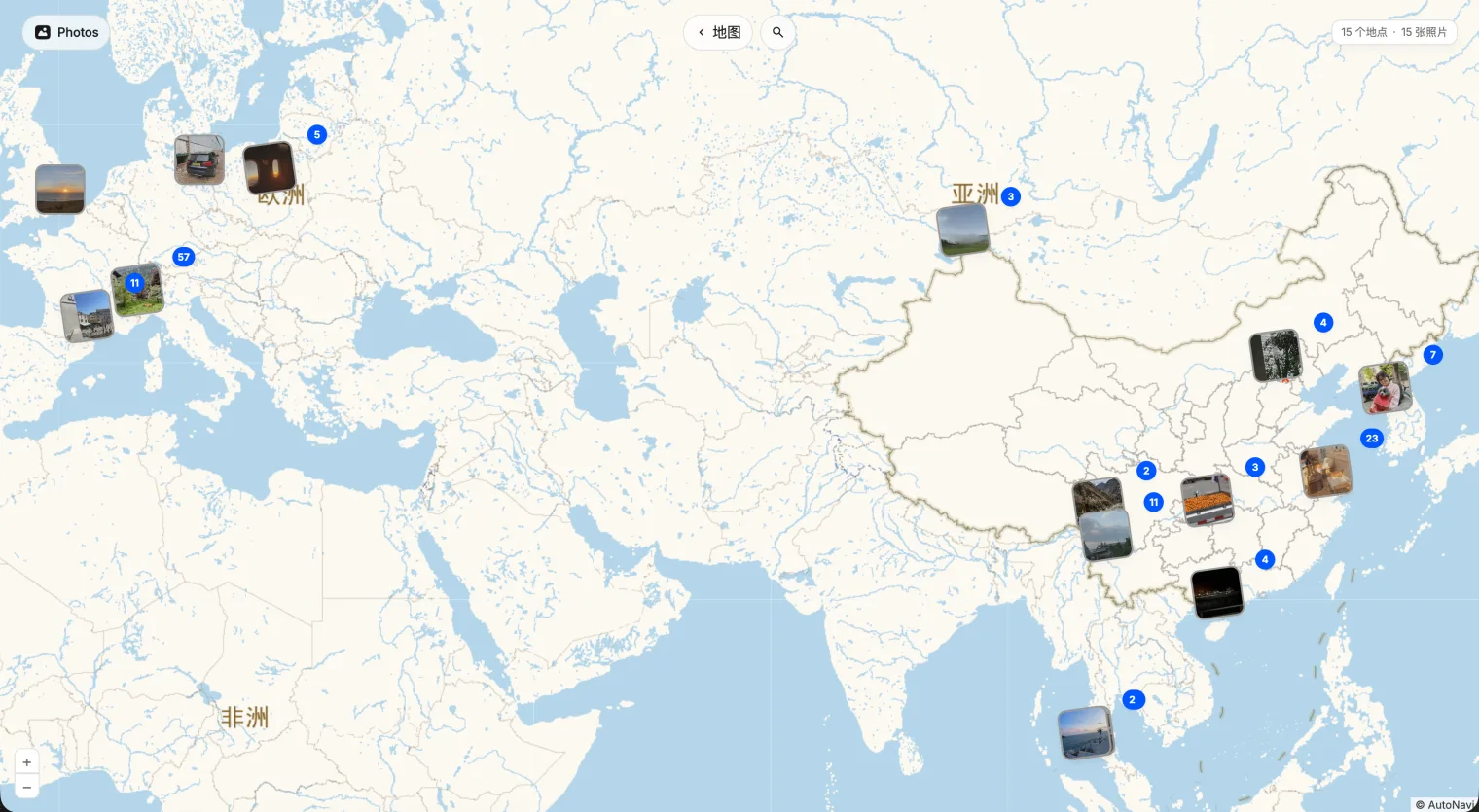撮影された場所に写真が表示されるZimaOS Photosの地図表示